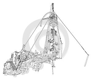 Wire-frame line coiled tubing truck isolated on white. Vector rendering of 3d