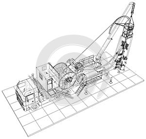 Wire-frame line coiled tubing truck isolated on white. Vector rendering of 3d