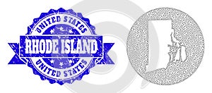 Wire Frame Mesh Circle Inverted Map of Rhode Island State with Grunge Stamp
