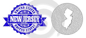 Wire Frame Mesh Round Subtracted Map of New Jersey State with Distress Stamp Seal