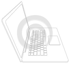 Wire-frame open laptop. Front view. Vector