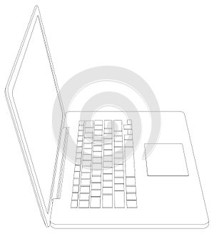 Wire-frame open laptop. Front view. Vector