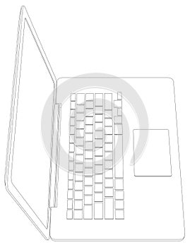Wire-frame open laptop. Top view. Vector