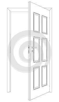 Wire-frame opened door. Vector Illustration