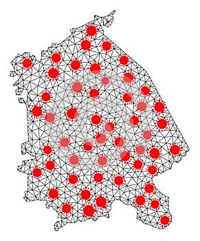 Wire Frame Polygonal Map of Pavlodar Region with Red Infectious Elements photo