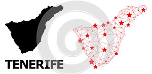 Wire Frame Polygonal Map of Tenerife Island with Red Stars