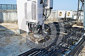 Wire of high mast metal structure telecommunication on tower with blue sky.