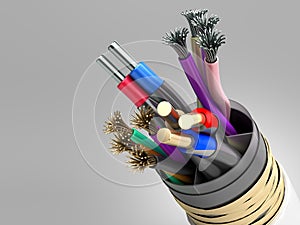 Wire multicore cable 3d render on grey background