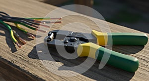 Wire Stripper and Cables on Wooden Surface for Electrical Work