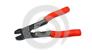 wire stripper or wire cutter with red rubber handles isolated on white Background