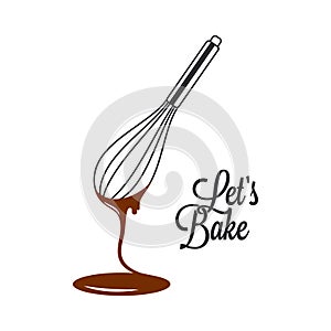 Wire whisk and chocolate for bakery cooking or cake on white background