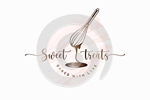 Wire whisk and chocolate for bakery cooking photo