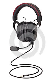 Wired black gaming headphones with microphone isolated on white background