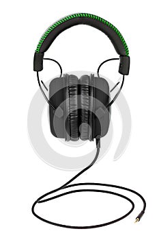 Wired black professional headphones isolated on white background