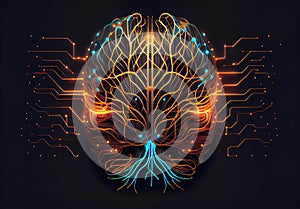 Wired brain with with neurons - artificial intelligence in circuit board with electronic chipset in cyberspace. Generative AI