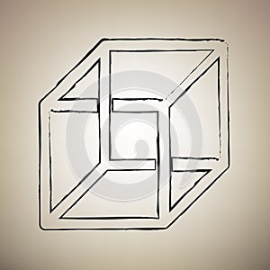 Wired cube sign with optical illusion. Vector. Brush drawed black icon at light brown background. Illustration.