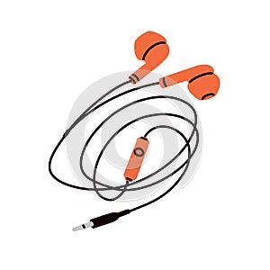Wired earphones. Music earbuds with twisted cable. Corded ear phones, buds. Small audio accessory, stereo device, gadget