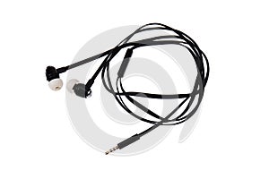 Wired earpieces in black on a white background, isolated