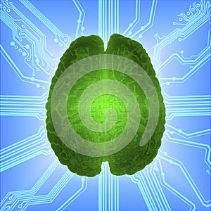 Wired glowing brain over computer microcircuit. Artificial intelligence AI and High Tech Concept.