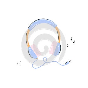 Wired headphone illustration. Cute kawaii earphone portable audio wired music device
