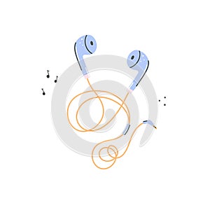 Wired headphone illustration. Cute kawaii earphone portable audio wired music device
