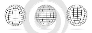 Wired Line 3D Planet Globe. Wireframe Globe Surface. Globe Grid Sphere Set. 3D Wire Global Earth Latitude, Longitude