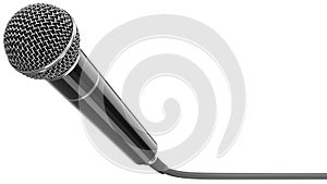 Wired microphone as a concept for karaoke, radio broadcasting and sound recording. 3D rendering illustration of a black