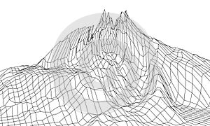 Wireframe 3D landscape mountains. Futuristic 3D cartography. Wireframe landscape wire. Cyberspace grid
