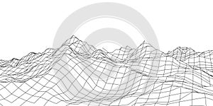 Wireframe 3D landscape mountains. Futuristic 3D cartography. Wireframe landscape wire. Cyberspace grid