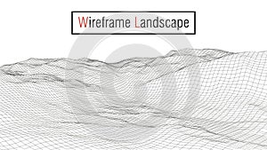 Wireframe 3D landscape mountains.Wireframe landscape wire. Cyberspace grid. Abstract vector landscape background. Vector