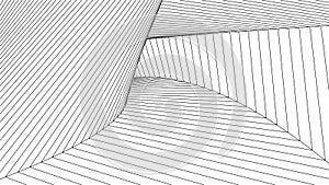 Wireframe 3D tunnel. Perspective grid. Mesh wormhole model. Detailed lines on white background. 3d vector illustration