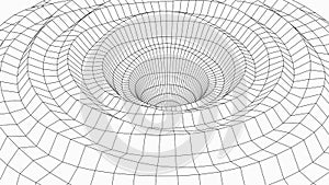 Wireframe 3D tunnel. Perspective grid. Mesh wormhole model. Detailed lines on white background. Vector illustration