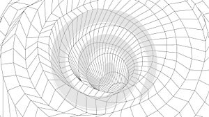 Wireframe 3D tunnel. Perspective grid. Mesh wormhole model. Detailed lines on white background. Vector illustration