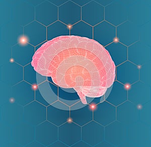 Wireframe brain side view on hexagonal connection BG