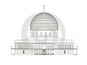 Wireframe of the building with a dome. Outline of the building of black lines on a white background. Front view. Vector