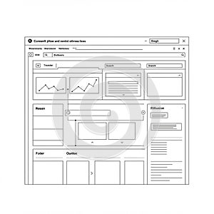 A wireframe design of a web interface featuring multiple sections. The layout includes