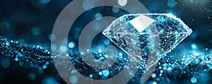 Wireframe diamond surrounded by abstract glowing network on dark background