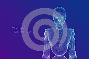 Wireframe female cyborg or robot. Abstract cyber woman. Sci-Fi cybernetic robot with AI. Machine learning and artifactial