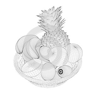 Wireframe of fruit basket from black lines isolated on white background. Bananas, apples, pineapple in a basket. 3D