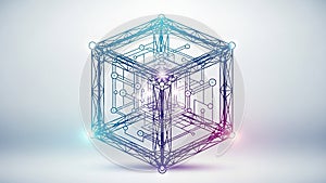 Wireframe Geometric Cube Structure with Glowing Nodes and Lines on Gradient Background network