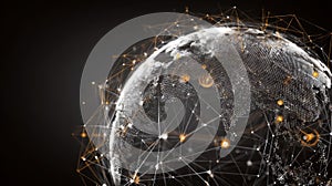 Wireframe globe with connected icon node representing global collaboration, network, data exchange and