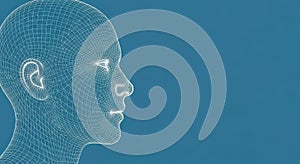 Wireframe Head Profile on Blue Background, Concept of Artificial Intelligence, Technology