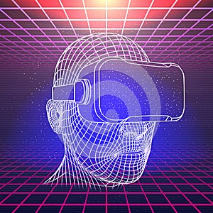 Wireframe Head With VR Headset in Cyberspace With Laser Grids. Retro Futuristic Template in 80s Style photo