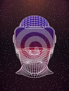 Wireframe Head With Virtual Reality Headset Among Stars