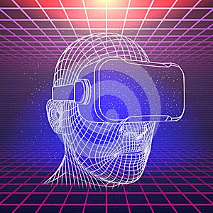 Wireframe Head With VR Headset in Cyberspace With Laser Grids. Retro Futuristic Template in 80s Style