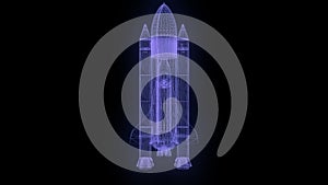 Wireframe hologram of shuttle rotating. 3D animation of space shuttle on a black background. Seamless loop.