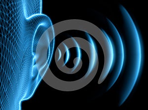 Wireframe human ear with sound waves - 3D illustration