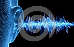 Wireframe human ear with sound waves - 3D illustration