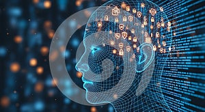 Wireframe human head with security icons and digital data artificial intelligence