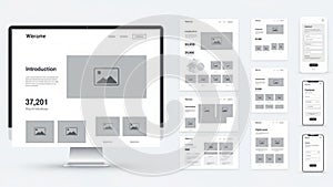 Wireframe layout design for mobile and desktop interfaces on transparent background